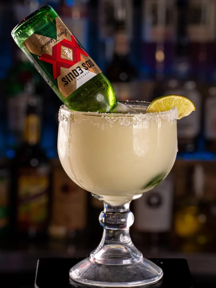 The XX-Rita, a frozen margarita topped with a mini Dos Equis bottle